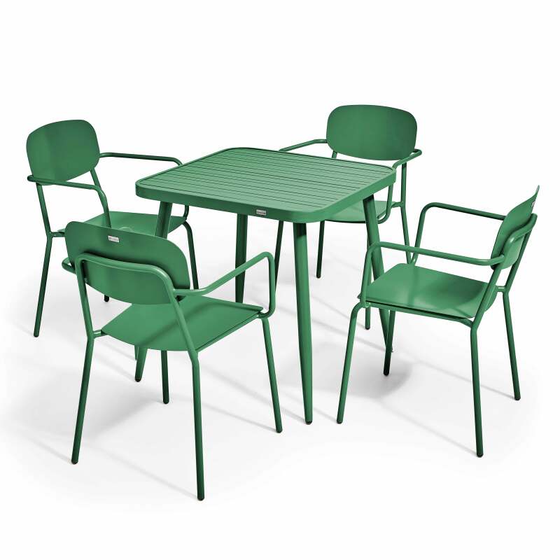 Table de jardin carré 75 x 75 cm et 4 chaises avec accoudoirs en aluminium