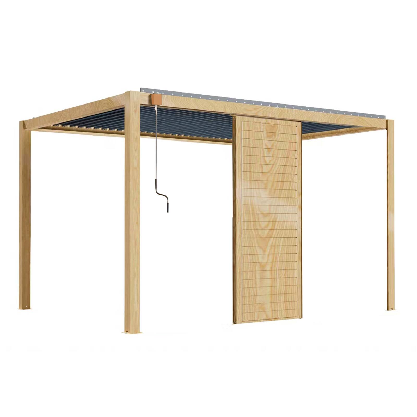 Pergola bioclimatique autoportée 3 x 4 m en aluminium décor bois avec 1, 2 ou 3 claustras