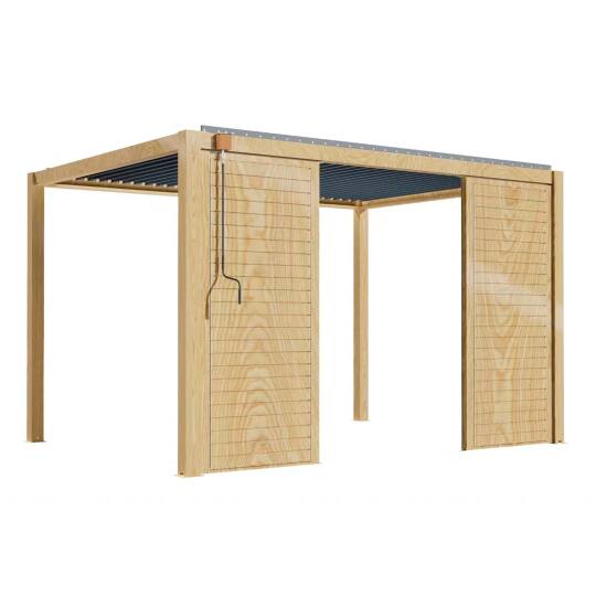 Pergola bioclimatique autoportée 3 x 4 m en aluminium décor bois avec 1, 2 ou 3 claustras