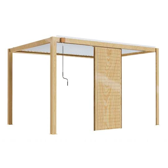 Pergola bioclimatique autoportée 4x3m en aluminium blanc décor bois avec 1, 2 ou 3 claustras | Oviala
