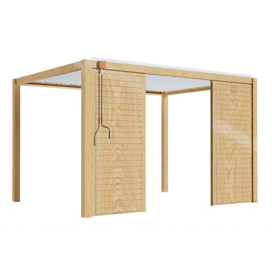 Pergola bioclimatique autoportée 3 x 4 m en aluminium blanc décor bois avec 1, 2 ou 3 claustras