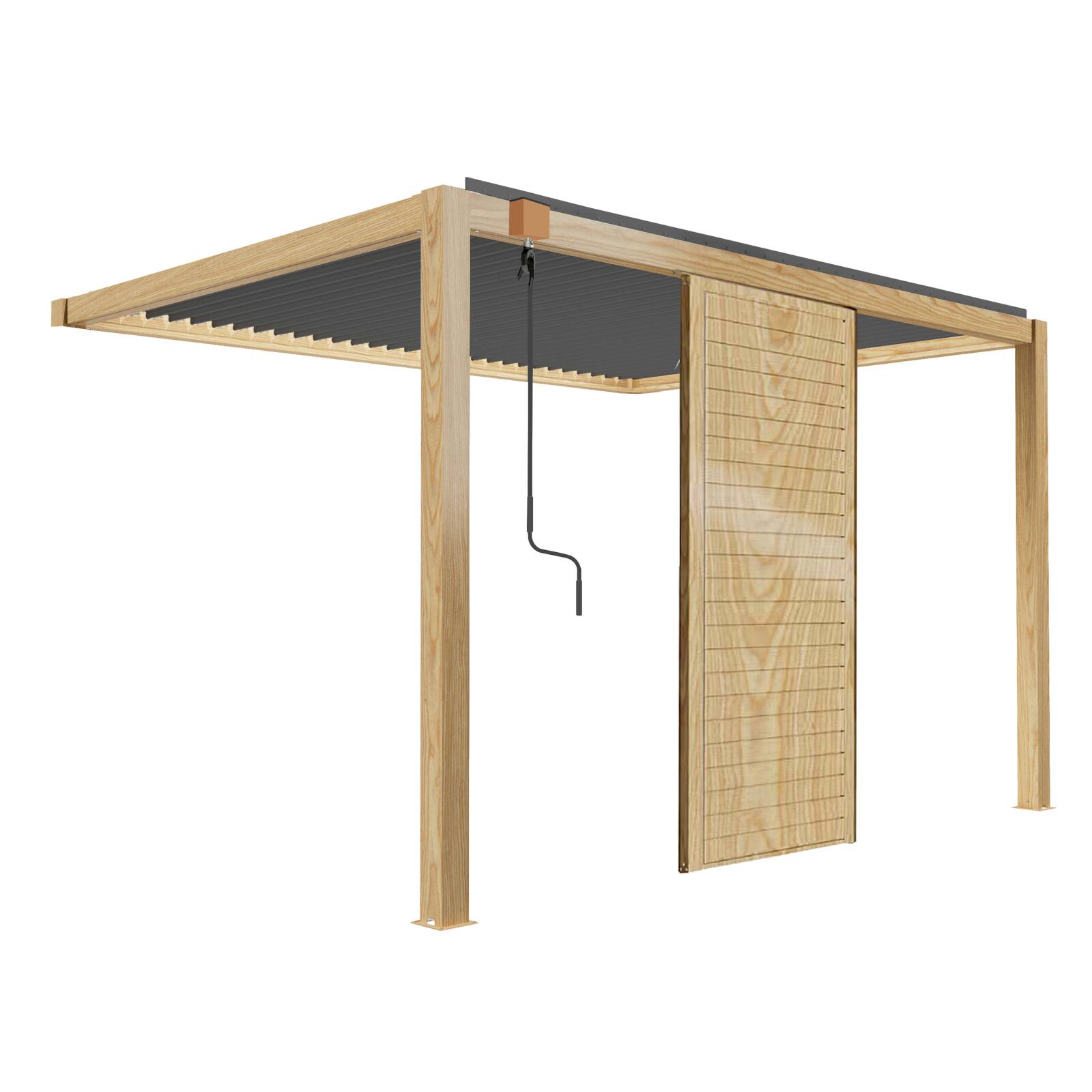 Pergola bioclimatique adossée 3 x 4 m en aluminium décor bois avec 1, 2 ou 3 claustras