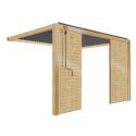 Pergola bioclimatique adossée 3 x 4 m en aluminium décor bois avec 1, 2 ou 3 claustras