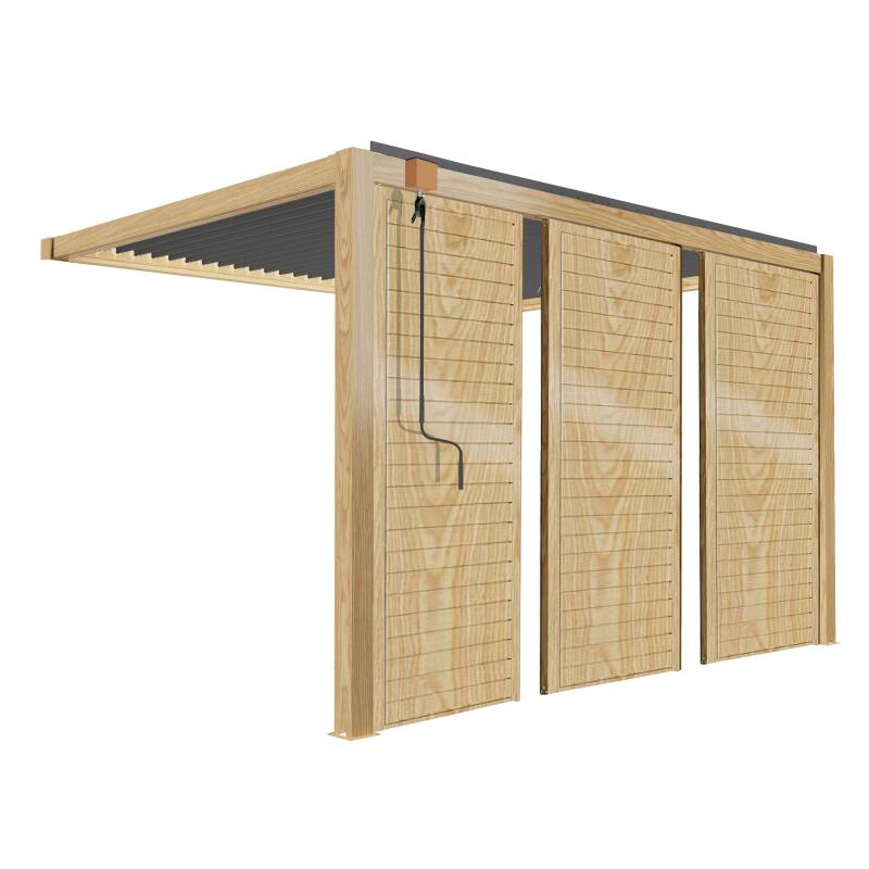Pergola bioclimatique adossée 3 x 4 m en aluminium décor bois avec 1, 2 ou 3 claustras