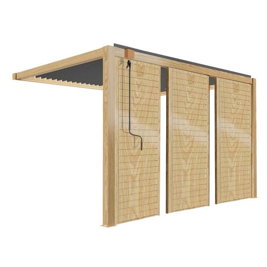 Pergola bioclimatique adossée 4x3m en aluminium décor bois avec 1, 2 ou 3 claustras | Oviala