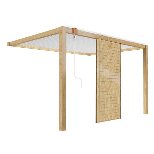 Pergola bioclimatique adossée 3 x 4 m en aluminium blanc décor bois avec 1, 2 ou 3 claustras