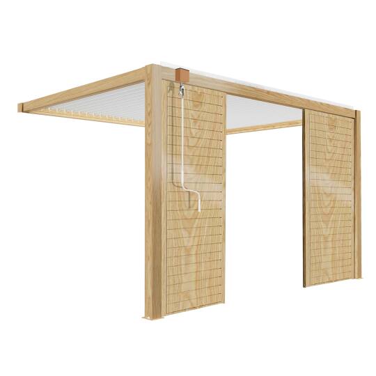 Pergola bioclimatique adossée 3 x 4 m en aluminium blanc décor bois avec 1, 2 ou 3 claustras