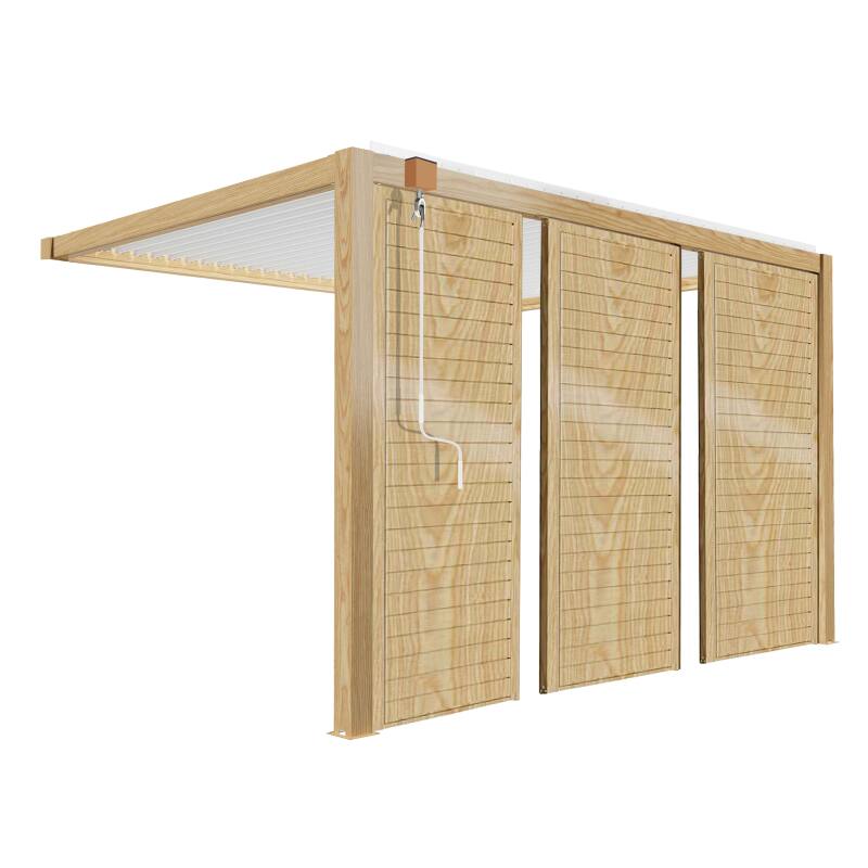 Pergola bioclimatique adossée 3 x 4 m en aluminium blanc décor bois avec 1, 2 ou 3 claustras