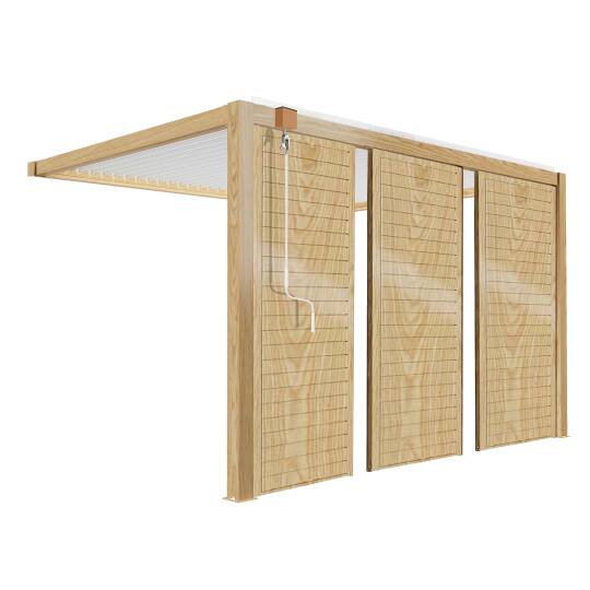 Pergola bioclimatique adossée 4x3m en aluminium blanc décor bois avec 1, 2 ou 3 claustras | Oviala