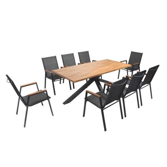 Table de jardin en bois d'acacia et aluminium 200x75 cm et 8 chaises avec accoudoirs en bois et textilène | Oviala