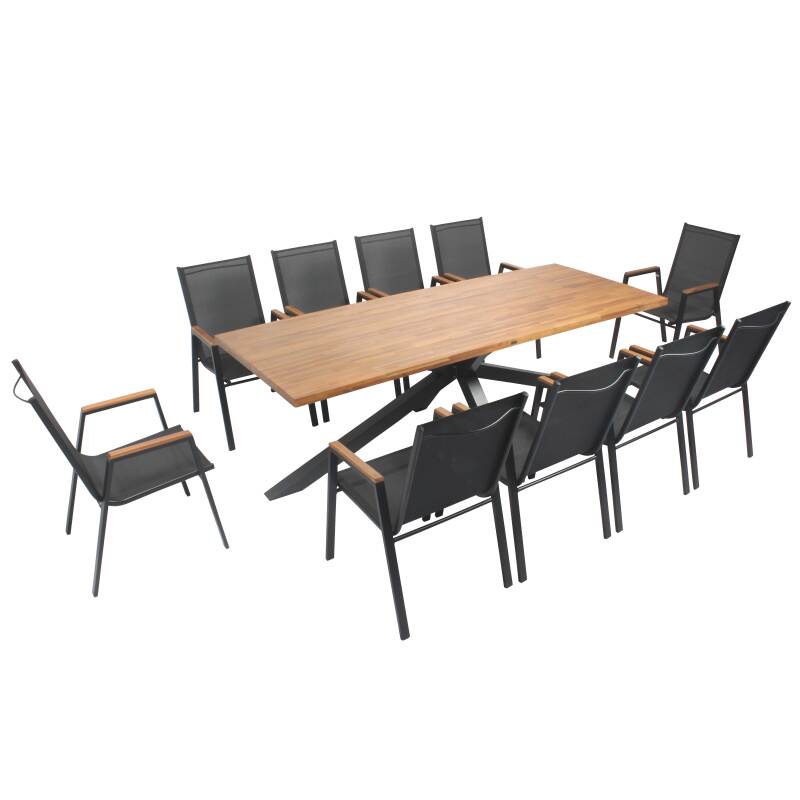 Table de jardin rectangulaire 240 x 75 cm en aluminium et bois d'acacia et 10 chaises avec accoudoirs