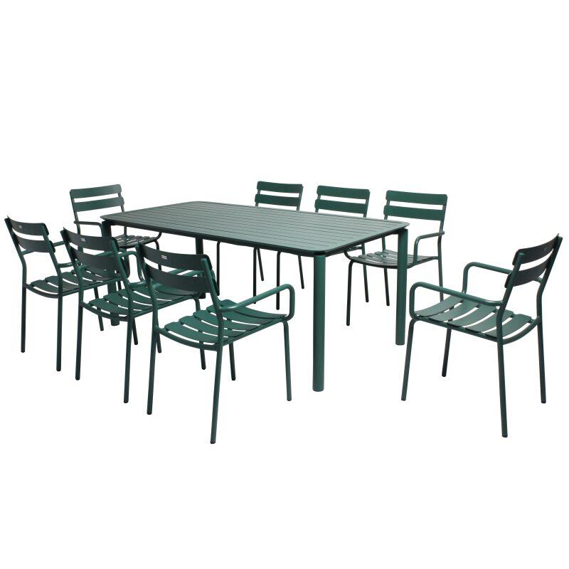 Table de terrasse rectangulaire 185 x 92 cm et 8 chaises avec accoudoirs en aluminium