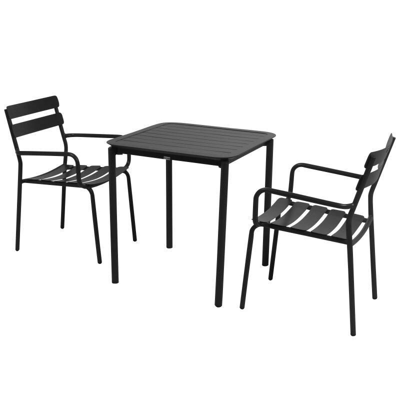 Table de terrasse carrée 70 x 70 cm et 2 chaises avec accoudoirs en aluminium