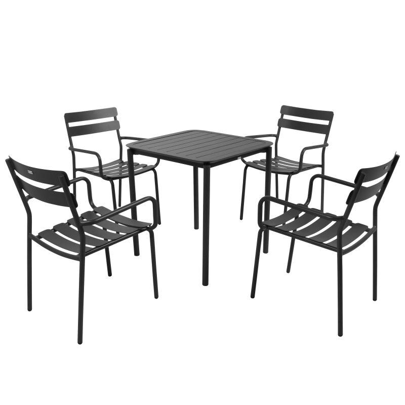 Table de terrasse carrée 70 x 70 cm et 4 chaises avec accoudoirs en aluminium