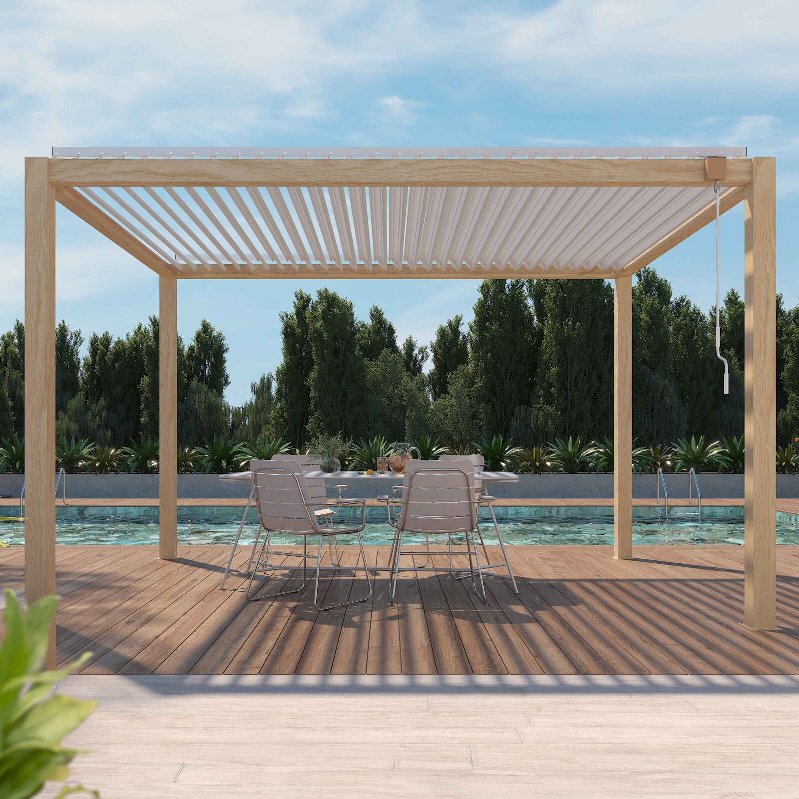 Pergola bioclimatique autoportée 3 x 4 m en aluminium blanc décor bois
