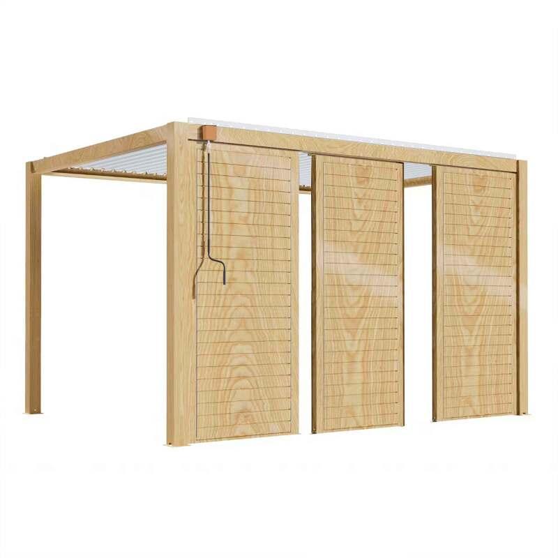Pergola bioclimatique autoportée 3 x 4 m en aluminium blanc décor bois avec 1, 2 ou 3 claustras