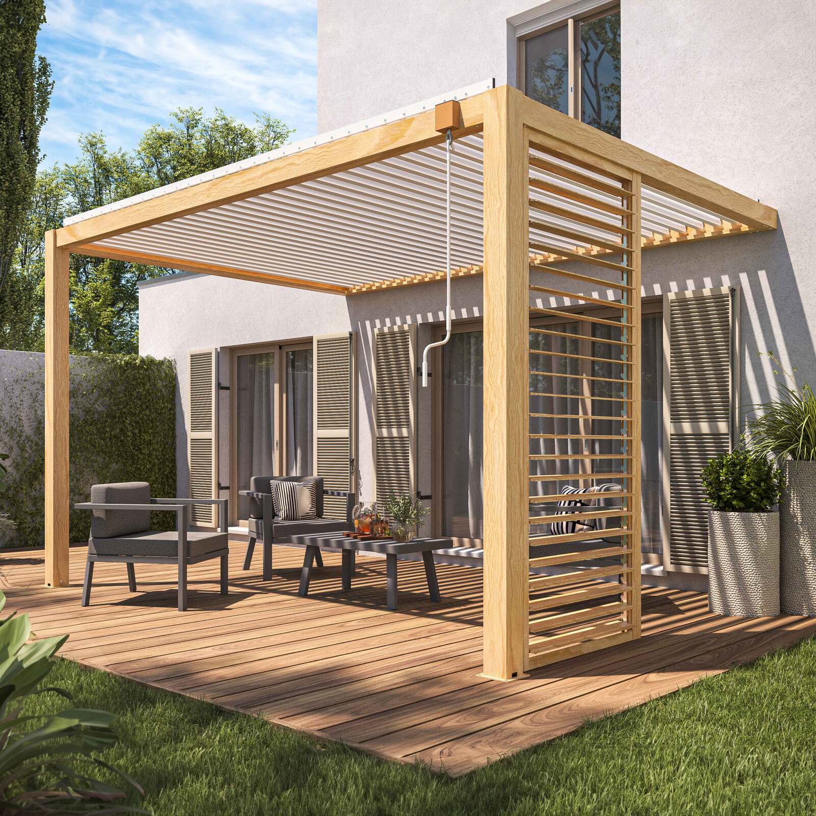 Pergola bioclimatique adossée 3 x 4 m en aluminium blanc décor bois avec 1, 2 ou 3 claustras