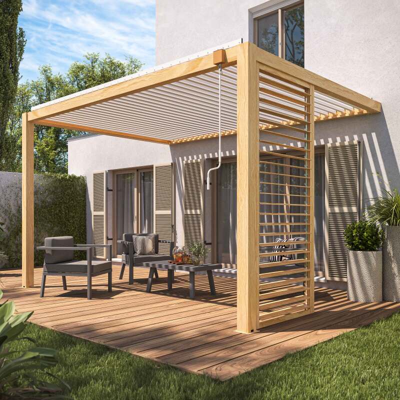 Pergola bioclimatique adossée 3 x 4 m en aluminium blanc décor bois avec 1, 2 ou 3 claustras