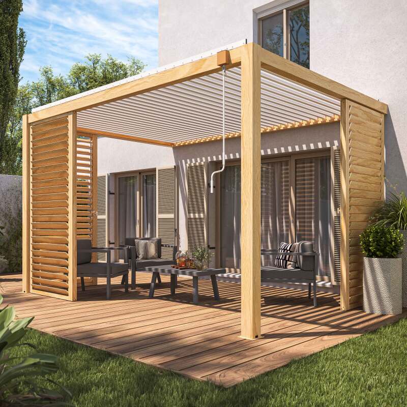 Pergola bioclimatique adossée 3 x 4 m en aluminium blanc décor bois avec 1, 2 ou 3 claustras