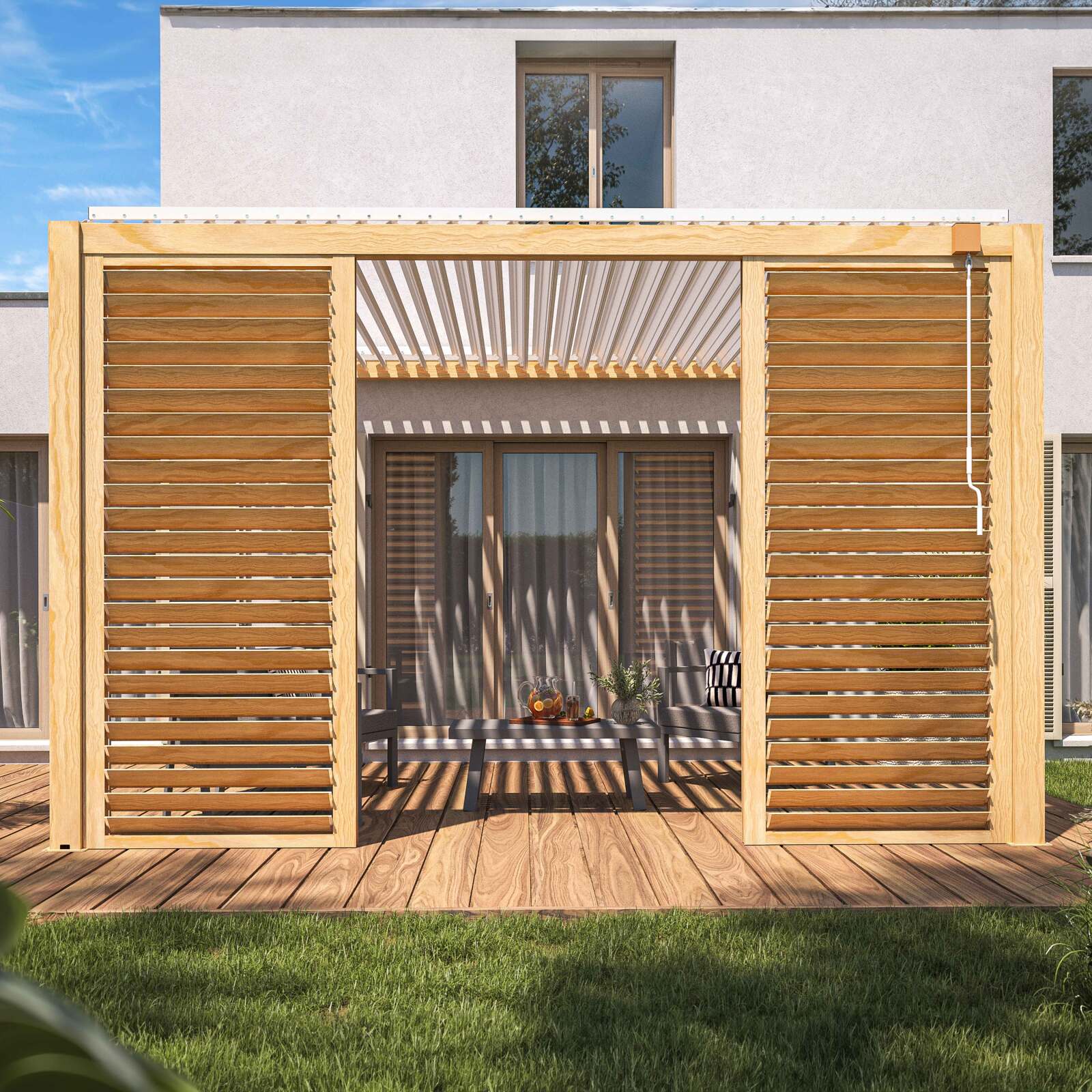 Pergola bioclimatique adossée 3 x 4 m en aluminium blanc décor bois avec 1, 2 ou 3 claustras