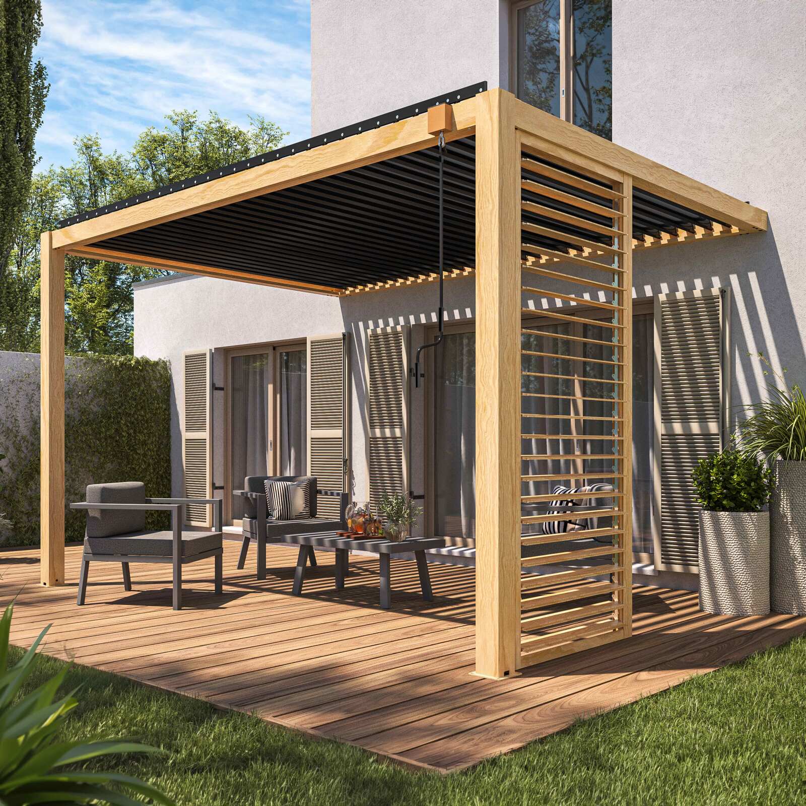 Pergola bioclimatique adossée 3 x 4 m en aluminium décor bois avec 1, 2 ou 3 claustras