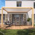 Pergola bioclimatique adossée 3 x 4 m en aluminium blanc décor bois