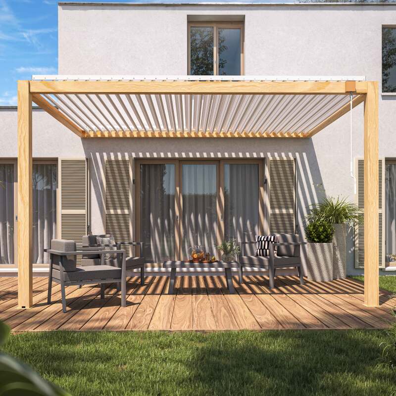 Pergola bioclimatique adossée 3 x 4 m en aluminium blanc décor bois