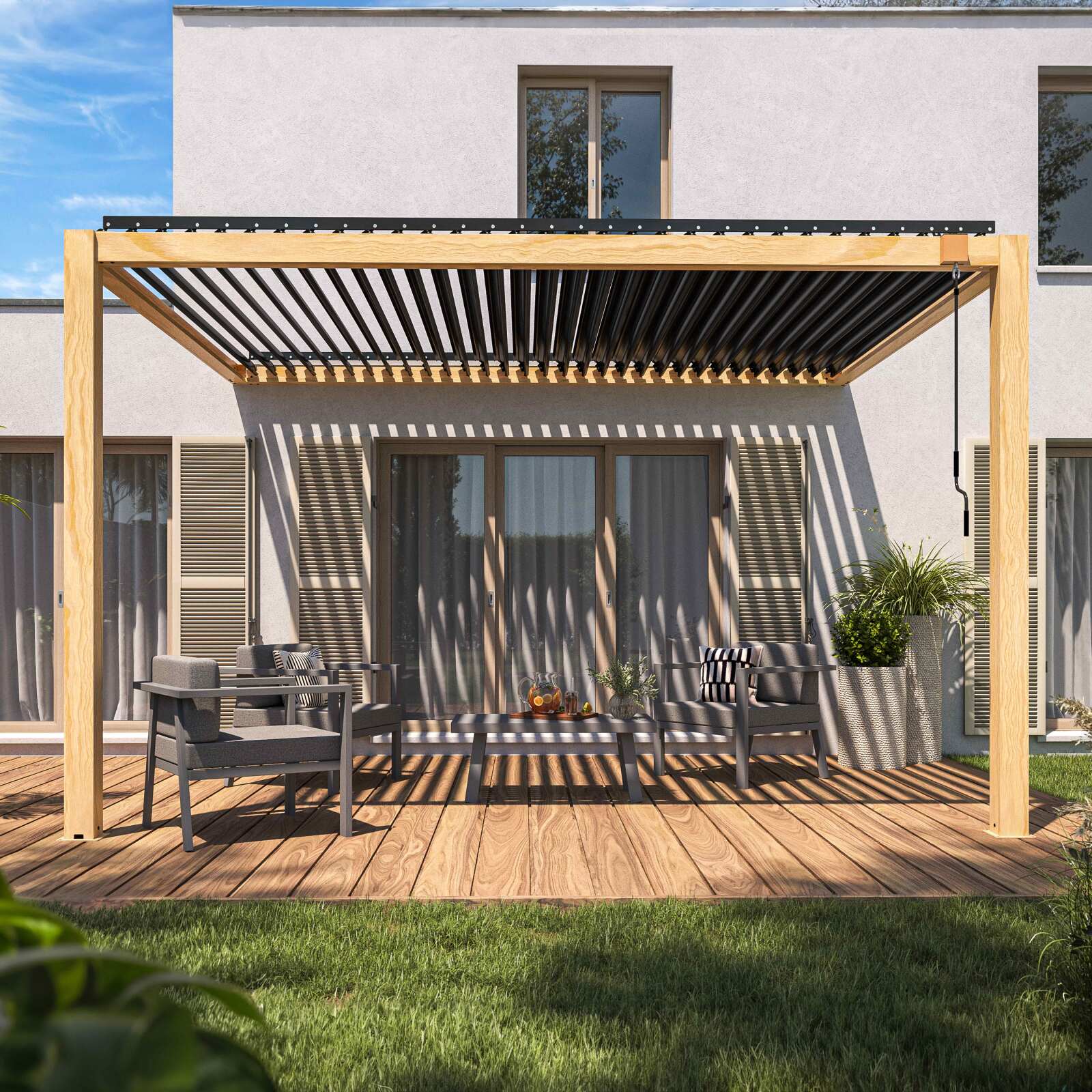 Pergola bioclimatique adossée 3 x 4 m en aluminium décor bois