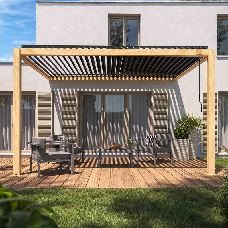 Pergola bioclimatique adossée 3 x 4 m en aluminium décor bois