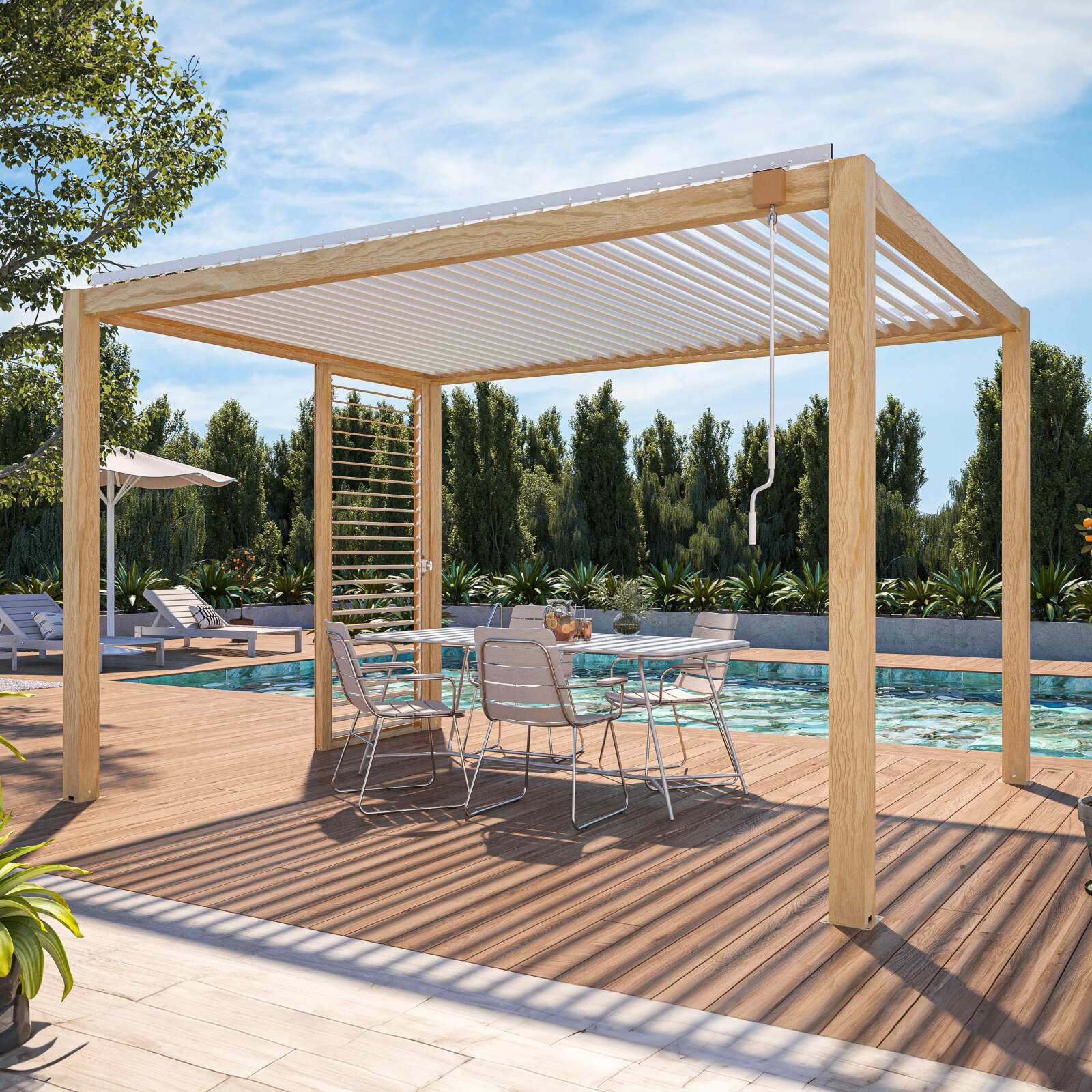Pergola bioclimatique autoportée 3 x 4 m en aluminium blanc décor bois avec 1, 2 ou 3 claustras