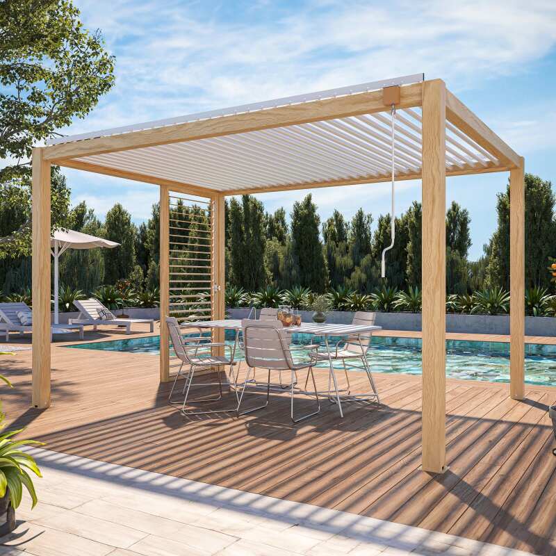 Pergola bioclimatique autoportée 3 x 4 m en aluminium blanc décor bois avec 1, 2 ou 3 claustras