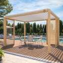 Pergola bioclimatique autoportée 3 x 4 m en aluminium blanc décor bois avec 1, 2 ou 3 claustras