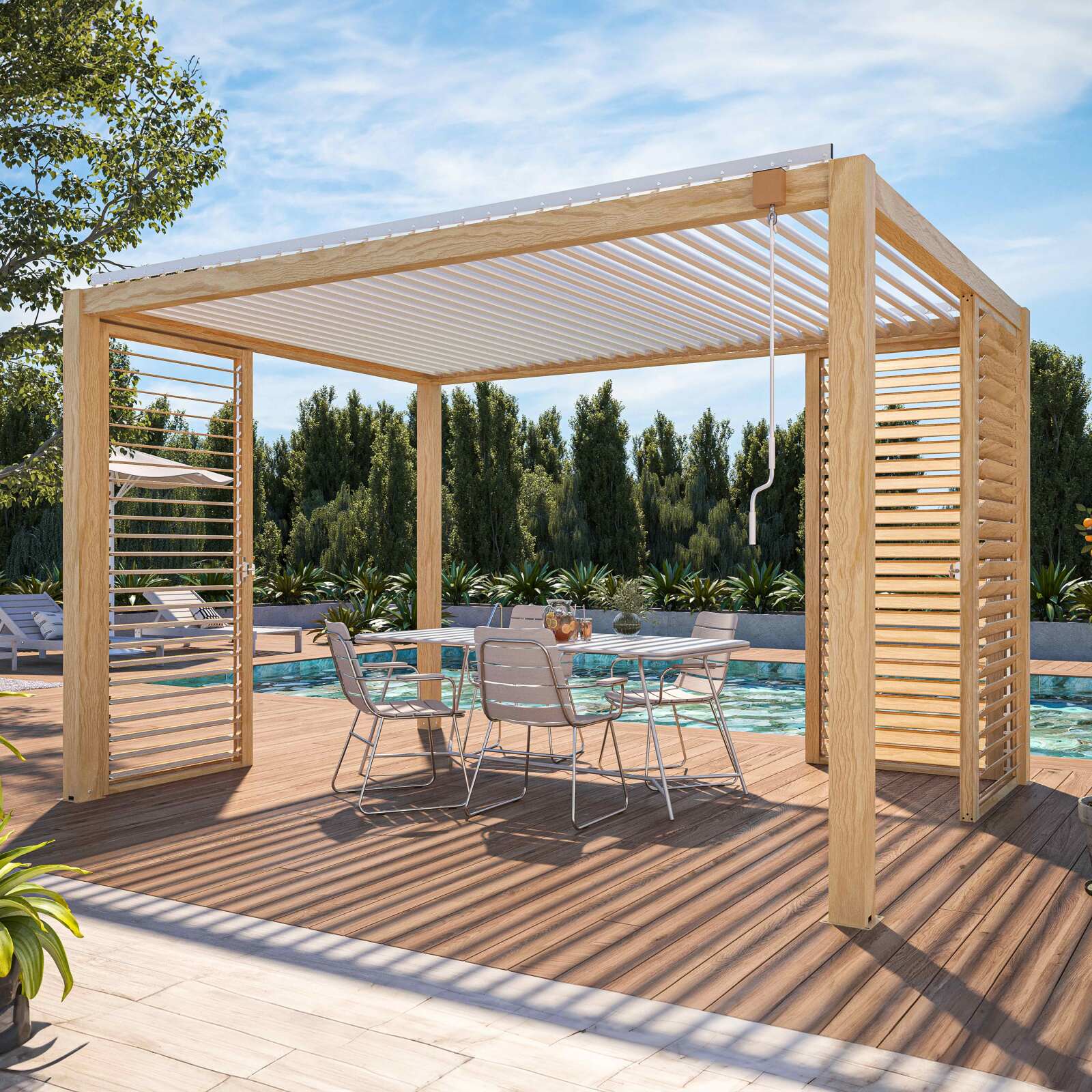 Pergola bioclimatique autoportée 3 x 4 m en aluminium blanc décor bois avec 1, 2 ou 3 claustras