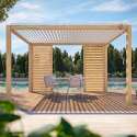 Pergola bioclimatique autoportée 3 x 4 m en aluminium blanc décor bois avec 1, 2 ou 3 claustras