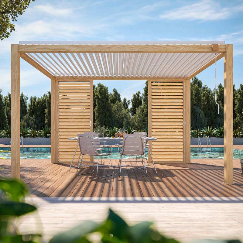 Pergola bioclimatique autoportée 3 x 4 m en aluminium blanc décor bois avec 1, 2 ou 3 claustras