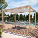 Pergola bioclimatique autoportée 3 x 4 m en aluminium blanc décor bois avec 1, 2 ou 3 claustras