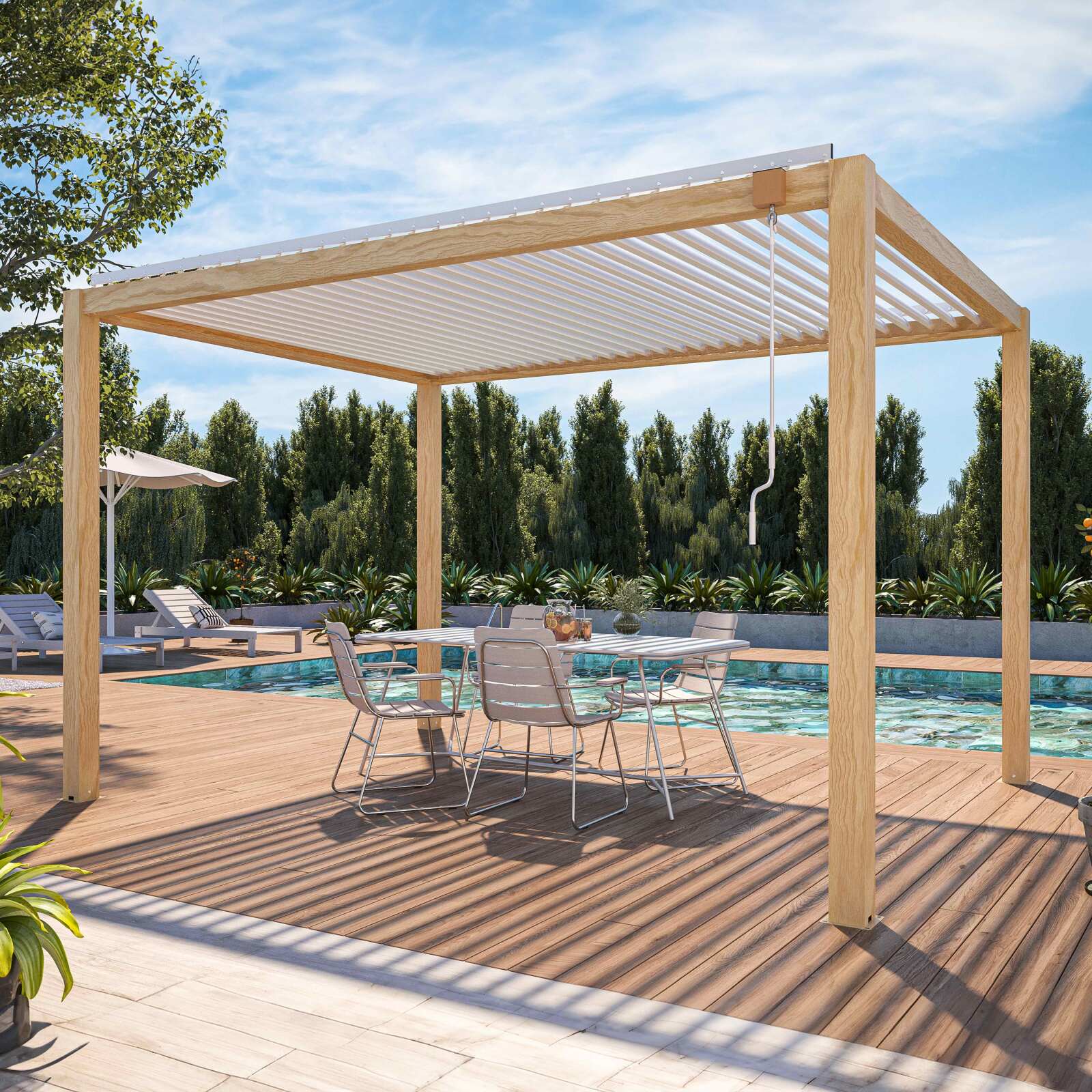 Pergola bioclimatique autoportée 3 x 4 m en aluminium blanc décor bois avec 1, 2 ou 3 claustras