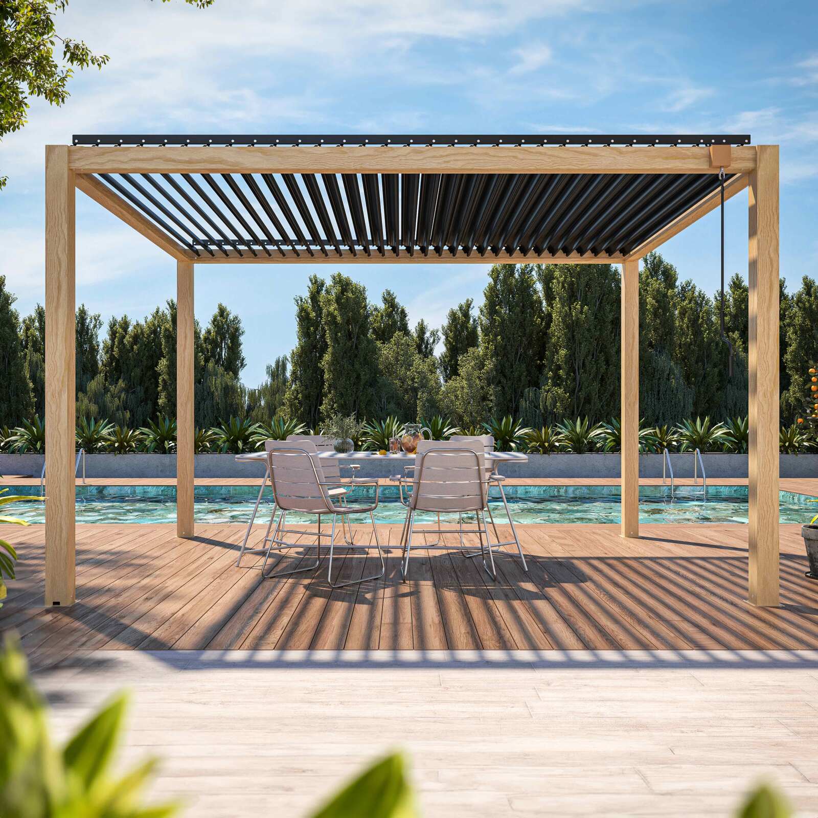 Pergola bioclimatique autoportée 3 x 4 m en aluminium décor bois