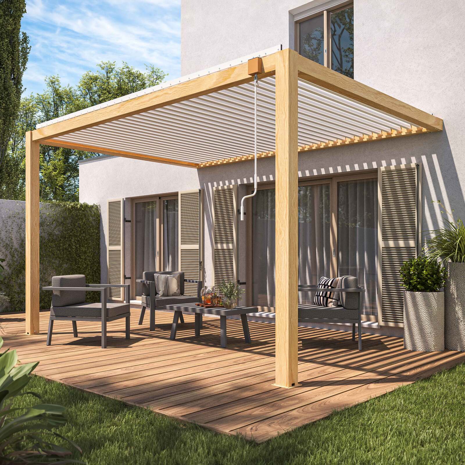 Pergola bioclimatique adossée 3 x 4 m en aluminium blanc décor bois avec 1 store