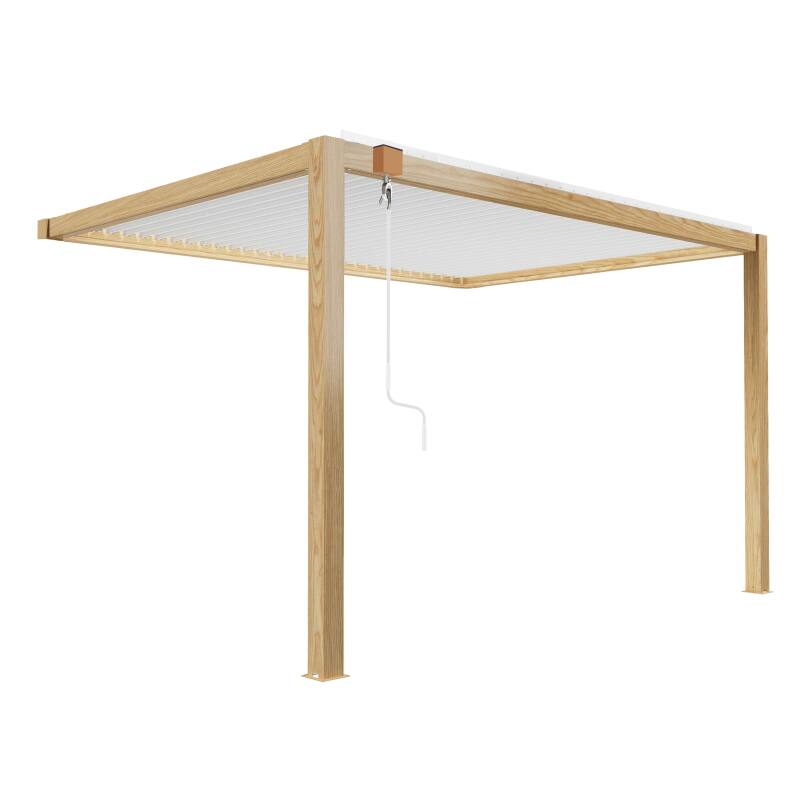 Pergola bioclimatique adossée 3 x 4 m en aluminium blanc décor bois avec 1 store