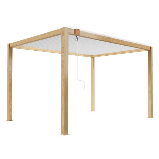 Pergola bioclimatique autoportée 4x3m en aluminium blanc décor bois avec 1,2 ou 3 stores | Oviala