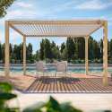 Pergola bioclimatique autoportée en aluminium blanc décor bois 3 x 4 m avec 1,2 ou 3 stores
