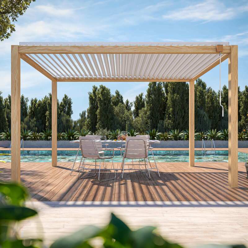 Pergola bioclimatique autoportée en aluminium blanc décor bois 3 x 4 m avec 1,2 ou 3 stores
