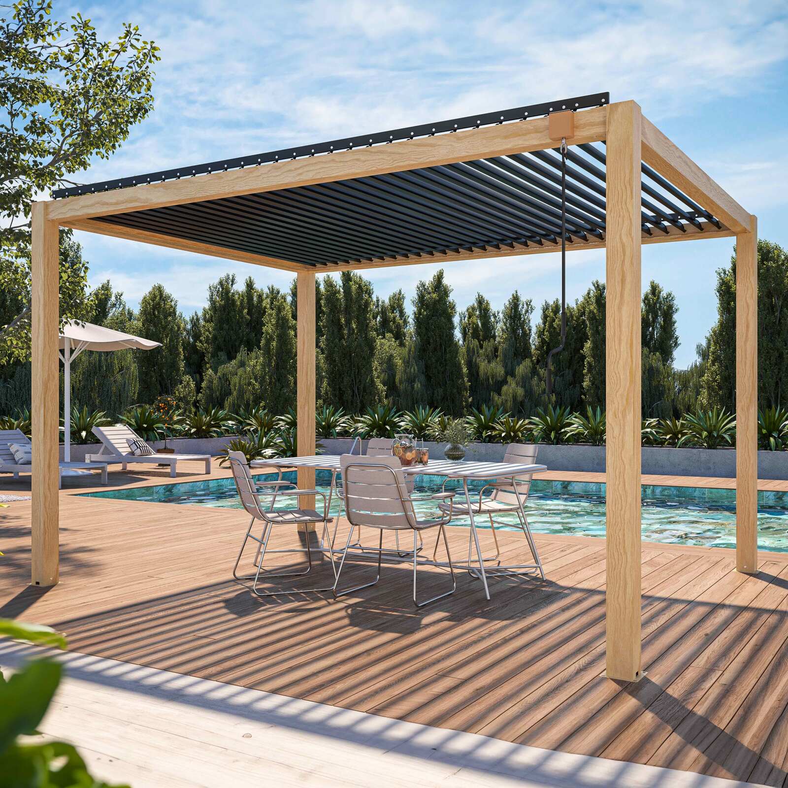 Pergola bioclimatique autoportée en aluminium décor bois 3 x 4 m avec 1, 2 ou 3 stores