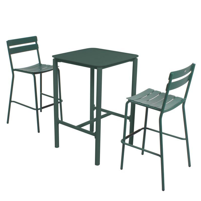 Table haute de terrasse carrée et 2 chaises en aluminium