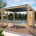 Pergola bioclimatique autoportée 3 x 4 m en aluminium décor bois avec 1, 2 ou 3 claustras