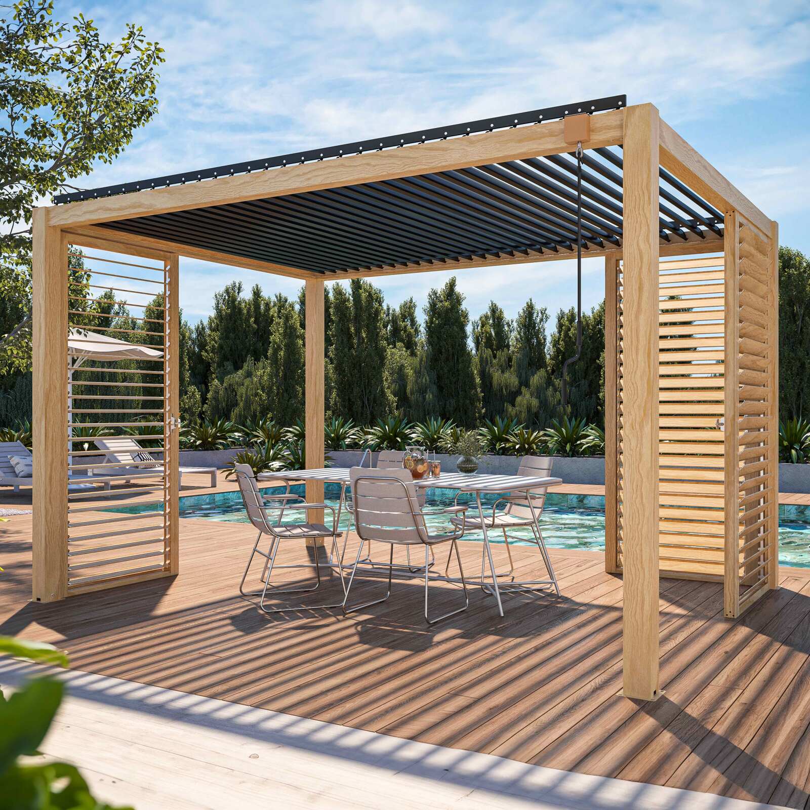 Pergola bioclimatique autoportée 3 x 4 m en aluminium décor bois avec 1, 2 ou 3 claustras