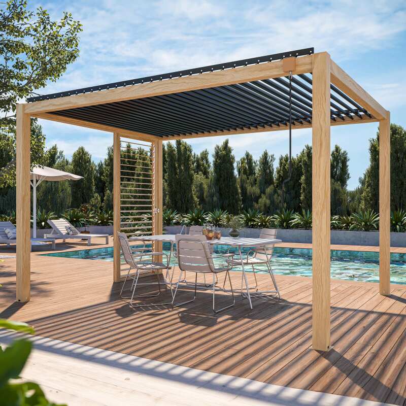 Pergola bioclimatique autoportée 3 x 4 m en aluminium décor bois avec 1, 2 ou 3 claustras