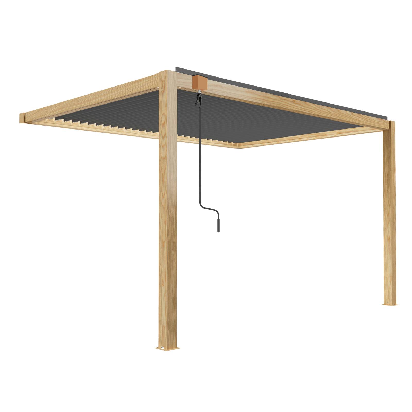 Pergola bioclimatique adossée 3 x 4 m en aluminium décor bois avec 1 store
