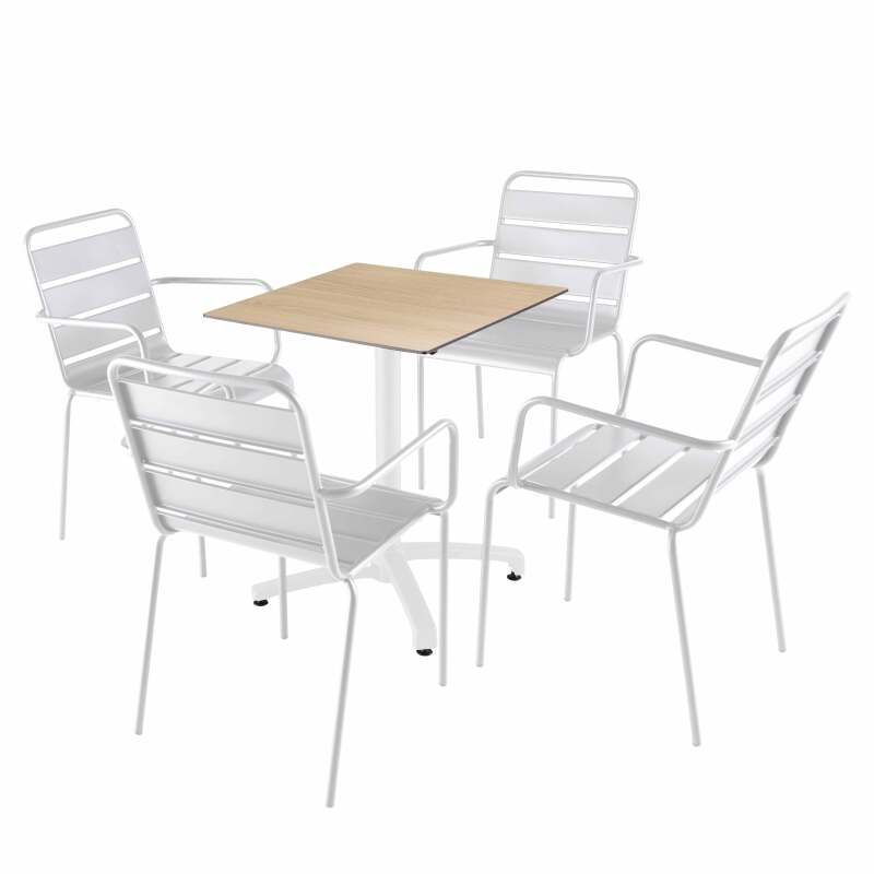 Table 60x60 cm inclinable stratifiée avec pied blanc et chaises en métal